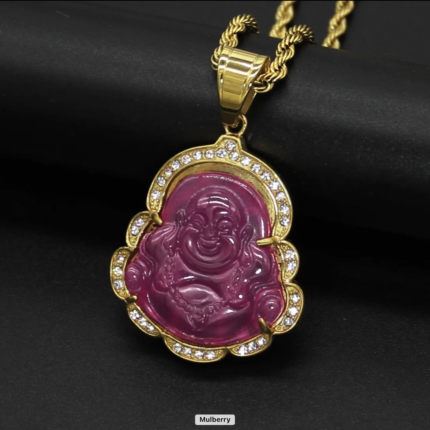 Crystal Rim Natural Jade Buddha Necklace