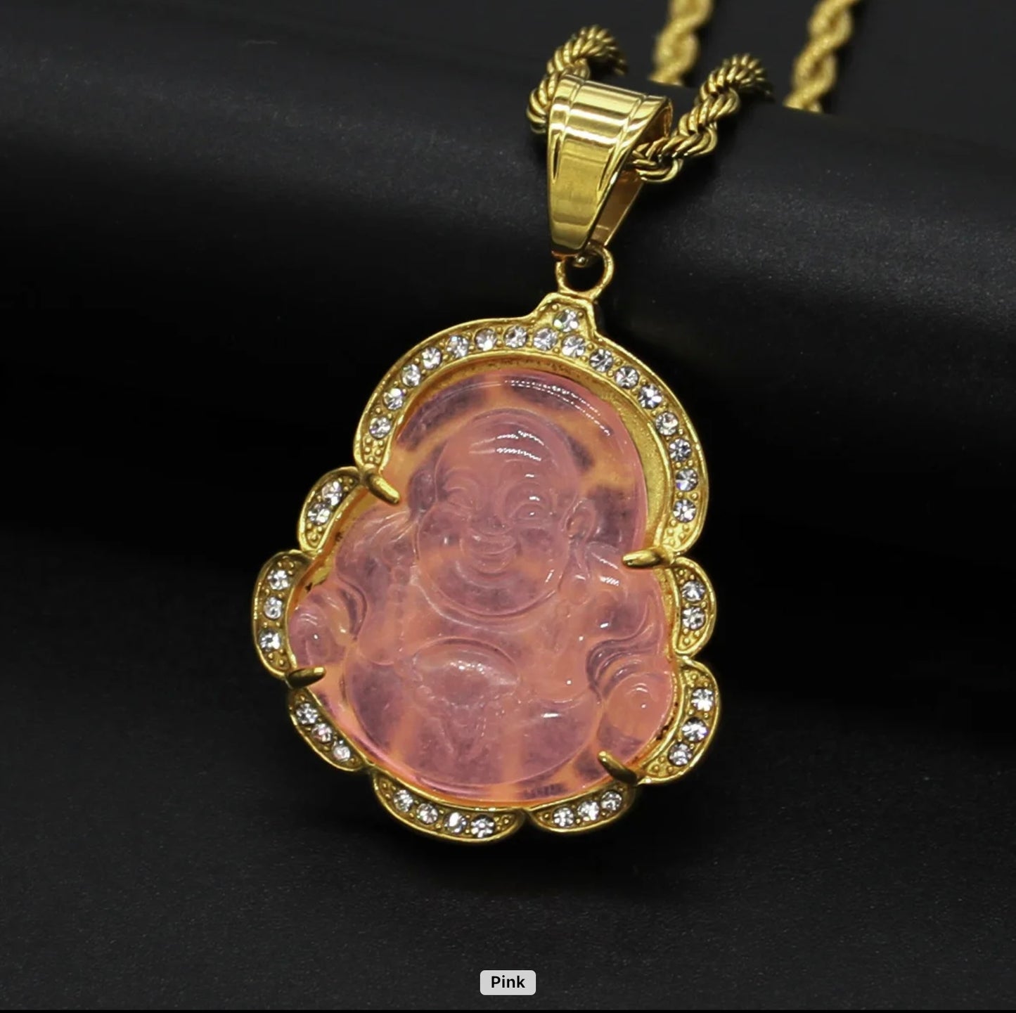 Crystal Rim Natural Jade Buddha Necklace
