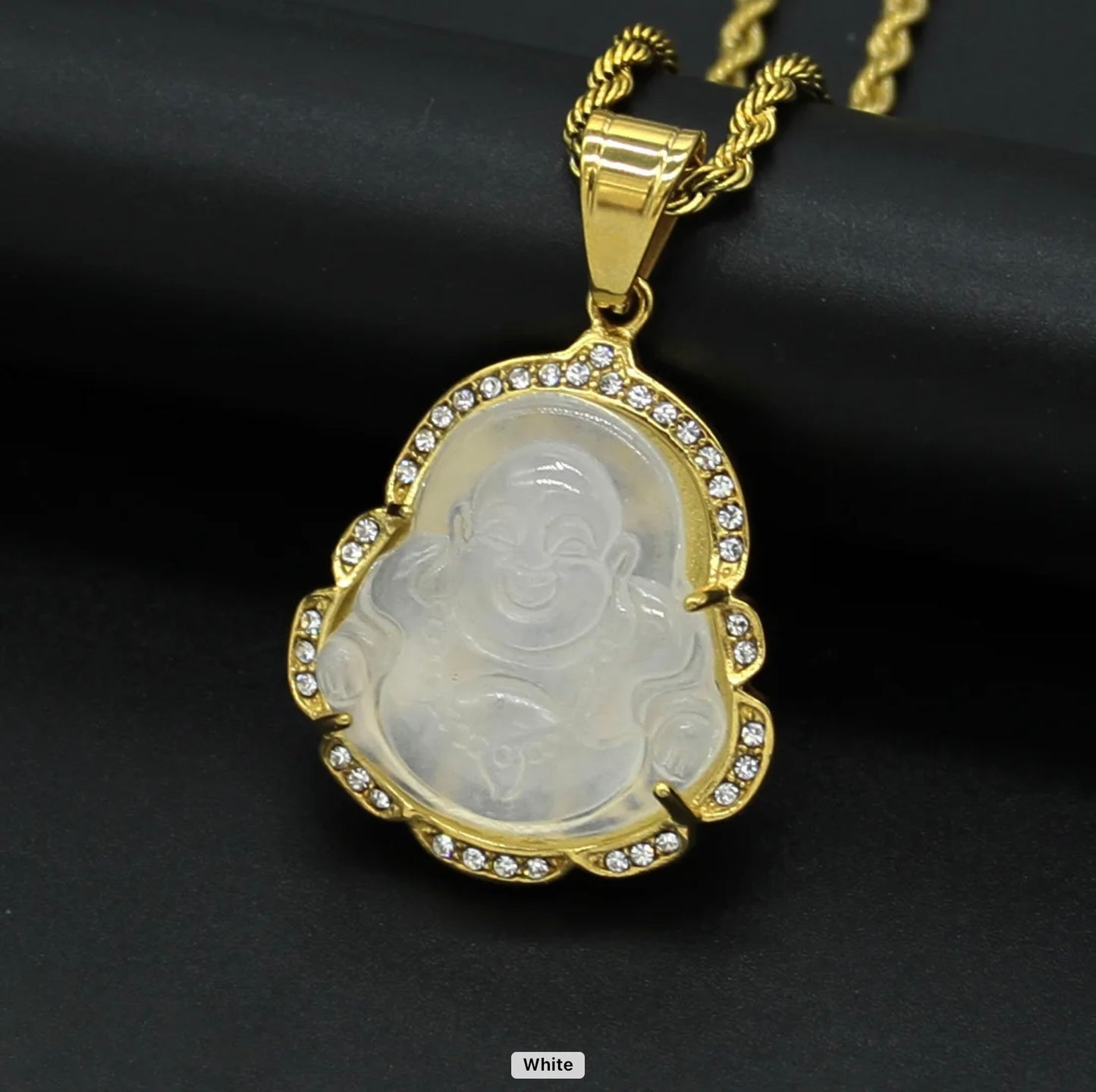 Crystal Rim Natural Jade Buddha Necklace