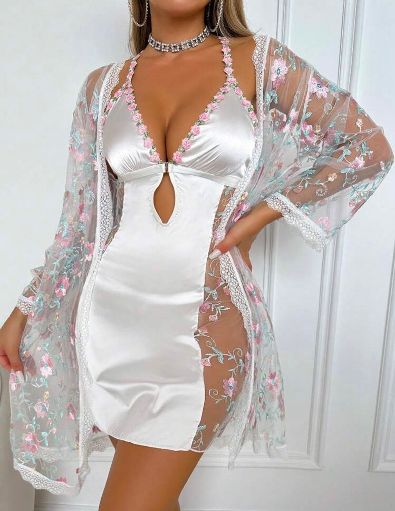 Floral Satin Lace Lingerie Pajama Set