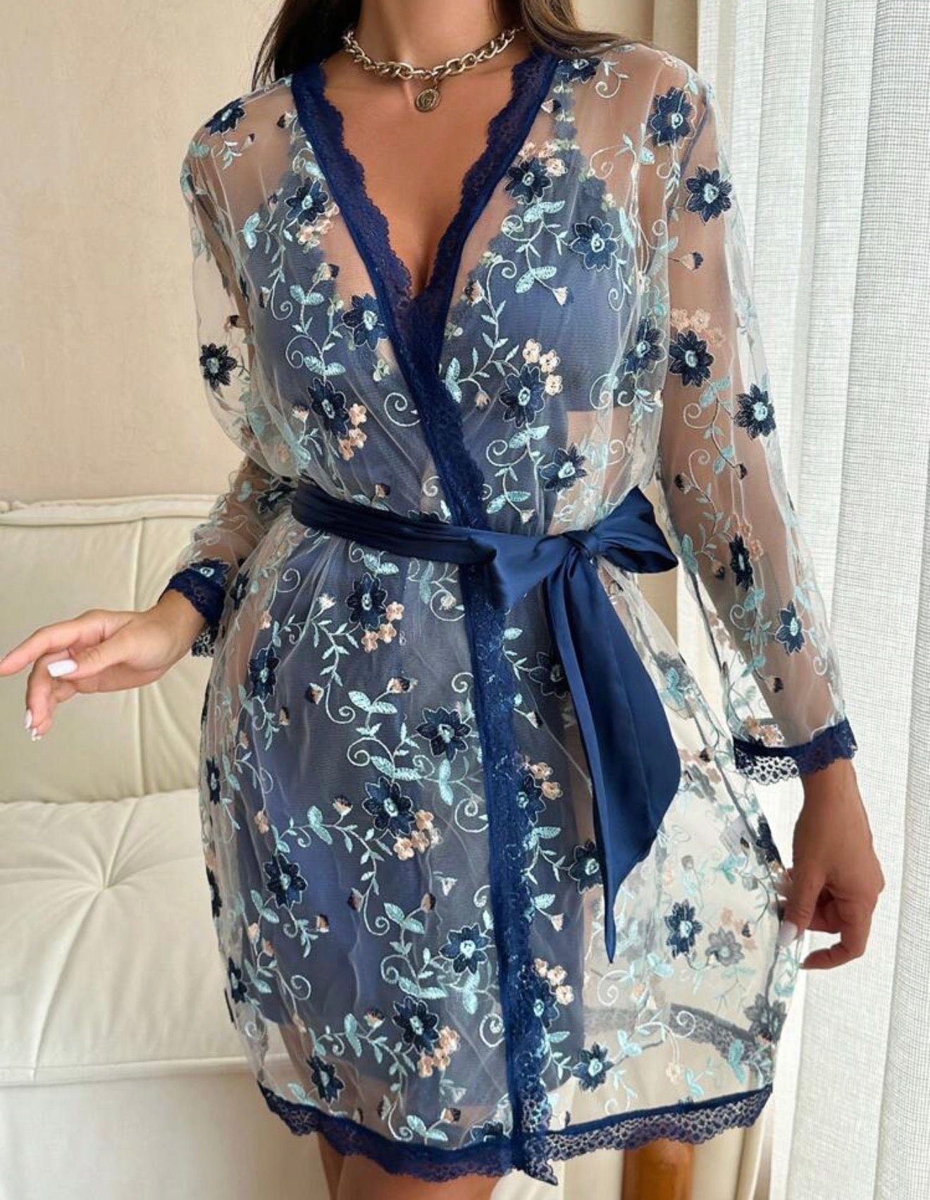 Floral Satin Lace Lingerie Pajama Set